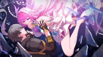 1boy 1girl artist_request black_coat caelus_(honkai:_star_rail) coat cyrene_(honkai:_star_rail) cyrene_(ripples_of_past_reverie)_(honkai:_star_rail) diamond-shaped_pupils diamond_(shape) dress flower grey_hair highres holding_hands honkai:_star_rail honkai_(series) long_hair pink_hair pointy_ears purple_eyes smile symbol-shaped_pupils thighs trailblazer_(honkai:_star_rail) very_long_hair white_dress