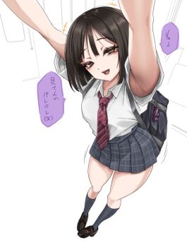 0odrosselo0 1girl armpits arms_up bag black_hair black_socks blunt_ends brown_shoes commentary_request diagonal-striped_clothes diagonal-striped_necktie grey_skirt highres kneehighs loafers looking_at_viewer miniskirt necktie original plaid_clothes plaid_skirt pleated_skirt red_necktie school_bag school_uniform shirt shirt_tucked_in shoes short_hair short_sleeves skirt smile socks solo speech_bubble striped_clothes translation_request up_sleeve white_shirt