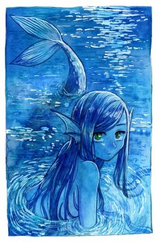 1girl blue_theme commentary_request fins from_side green_eyes head_fins hitsuki_(hiidukii) honzuki_no_gekokujou long_hair looking_at_viewer mermaid monster_girl myne_(honzuki_no_gekokujou) nude partially_submerged ripples solo wet wet_hair