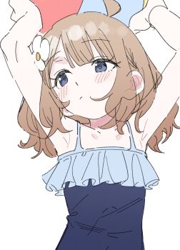 1girl absurdres arms_up ball beachball blue_eyes blue_one-piece_swimsuit brown_hair commentary_request facing_viewer flower frilled_one-piece_swimsuit frills hair_flower hair_ornament highres holding holding_ball huge_filesize idolmaster idolmaster_million_live! looking_to_the_side medium_hair meeeeeeco359 one-piece_swimsuit simple_background solo suou_momoko swimsuit upper_body white_background white_flower