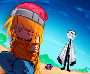 2girls ahoge bare_shoulders battle_for_dream_island beanie black_pants black_shirt black_shoes blonde_hair blue_pants blue_sky bush cloud colored_skin crossed_arms day goggles goggles_on_head golf_ball_(bfdi) grey_skin hat highres jacket lab_coat long_hair long_sleeves multicolored_skin multiple_girls no_nose no_sclera open_clothes open_jacket open_mouth orange_sweater outdoors oversized_jacket pants pencil_(bfdi) personification pink_hat rock scared scene_reference shirt shoes short_hair sky sleeves_past_fingers sleeves_past_wrists squatting standing sweat sweater twitter_username two-tone_skin ui2ko white_hair white_jacket white_skin