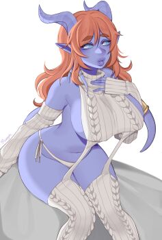 1girl absurdres aran_sweater artist_name ass backless_outfit bare_back bare_shoulders belly blue_sclera breasts cable_knit center_opening colored_sclera colored_skin detached_sleeves draenei dragon_horns hand_on_own_chest highres horns large_breasts long_hair mireysh nail_polish navel orange_hair panties pointy_ears purple_horns purple_lips purple_nails purple_skin purple_tail ribbed_sleeves ribbed_sweater side-tie_panties simple_background solo sweater tail thighhighs turtleneck turtleneck_sweater underwear virgin_destroyer_sweater warcraft white_background white_panties white_sleeves white_sweater white_thighhighs world_of_warcraft