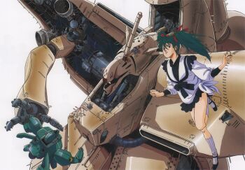 Rule 34 | 1980s (style), 1girl, alpha azieru, anno hideaki, artist collaboration, battle, char's counterattack, commentary, damaged, dress, english commentary, green hair, gundam, jegan, key visual, machinery, mecha, miniskirt, mobile armor, mobile suit, official art, oldschool, one-eyed, promotional art, quess paraya, retro artstyle, robot, sadamoto yoshiyuki, scan, science fiction, size difference, skirt, traditional media