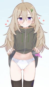 1girl absurdres ahoge aoe_mag black_thighhighs blush cameltoe closed_mouth clothes_lift cowboy_shot flashing gluteal_fold gradient_background hair_between_eyes hair_ornament heart hibi_wa_sugiredo_meshi_umashi higa_tsutsuji highres jacket jacket_lift lifting_own_clothes loli long_hair looking_at_viewer no_pants panties purple_eyes smile solo steaming_body thighhighs underwear white_panties