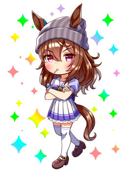 1girl animal_ears beanie blush bow bowtie brown_hair chibi chibi_only closed_mouth collarbone commentary_request crossed_arms ears_through_headwear full_body grey_hat hair_between_eyes hat highres horse_ears horse_girl horse_tail lollipop_in_mouth long_hair looking_at_viewer nakayama_festa_(umamusume) pleated_skirt puffy_short_sleeves puffy_sleeves purple_bow purple_bowtie purple_eyes purple_shirt sailor_collar sailor_shirt school_uniform shirt shoes short_sleeves skirt solo sugimotty_nova tail thighhighs tracen_school_uniform umamusume white_sailor_collar white_skirt white_thighhighs zettai_ryouiki