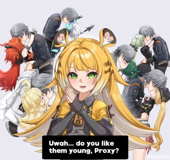 Rule 34 | 1boy, 6+girls, age difference, animal ears, bear ears, black horns, blonde hair, blue horns, blue oni, blue skin, blush, buttons, closed eyes, collared shirt, colored skin, commentary, corin wickes, cowboy shot, demon tail, english commentary, english text, full body, green eyes, green hair, grey hair, grey jacket, grey shirt, hands on another's waist, height difference, hetero, highres, horns, jacket, ju fufu, kiss, koleda belobog, long hair, looking at viewer, luciana de montefio, luizhtx, medium hair, multicolored horns, multiple girls, oni, open mouth, own hands together, piper wheel, qingyi (zenless zone zero), red hair, shirt, short hair, sidelocks, soukaku (zenless zone zero), tail, tiger ears, tiger girl, tiger stripes, twitter username, two-tone horns, upper body, white background, white hair, wise (zenless zone zero), yellow jacket, zenless zone zero