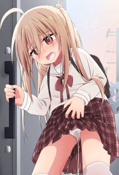 1girl ahoge backpack bag black_bag blonde_hair blush bow bowtie clothes_lift commentary_request door embarrassed hands_up highres holding_own_hair lifting_own_clothes long_hair long_sleeves miniskirt open_mouth original outdoors panties pee peeing peeing_self plaid_clothes plaid_skirt pleated_skirt polka_dot polka_dot_panties randoseru red_bow red_bowtie red_eyes red_skirt ri-net sailor_collar sailor_shirt school_uniform serafuku shirt skirt skirt_lift solo tearing_up tears thighhighs translation_request two_side_up underwear white_panties white_sailor_collar white_shirt white_thighhighs