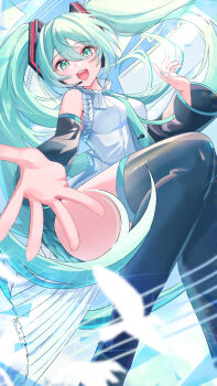 1girl absurdres aqua_eyes aqua_hair aqua_nails aqua_necktie aqua_trim black_skirt blush boots breasts detached_sleeves hair_between_eyes hair_ornament hatsune_miku hatsune_miku_happy_16th_birthday_-dear_creators- headset highres long_hair long_sleeves looking_at_viewer medium_breasts miku_day necktie official_alternate_costume open_mouth reaching reaching_towards_viewer shirt skirt sleeveless sleeveless_shirt smile solo thigh_boots thighhighs twintails urara_31_e very_long_hair vocaloid wide_sleeves zettai_ryouiki