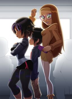 1boy 2girls ass ass_press big_hero_6 black_hair breast_press breasts buttjob glasses gogo_tomago highres hiro_hamada honey_lemon large_breasts leggings long_hair multicolored_hair multiple_girls ravenravenraven sandwiched short_hair size_difference tall_female train train_interior two-tone_hair