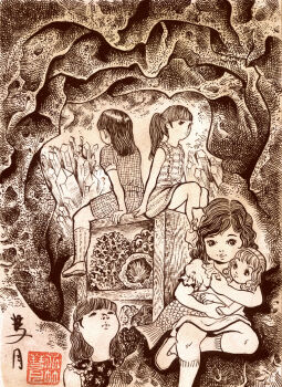 4girls arm_support cave closed_eyes crystal doll dress floral_print fractal_underground_studio hair_ribbon high_ponytail holding holding_doll long_hair looking_at_viewer mermaid monochrome monster_girl multiple_girls original plaid_clothes plaid_dress ponytail print_dress puffy_sleeves ribbon shelf shoes short_sleeves sitting sleeveless sleeveless_dress socks traditional_media