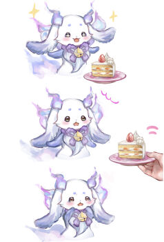 +_+ 1other :3 :d animal_focus bell blush borderless_panels cake cake_slice chibikemo commentary_request creature creature_focus cropped_torso crying crying_with_eyes_open floppy_ears food fruit green_eyes highres holding holding_plate lunlun_(nijisanji) motion_lines neck_bell neck_ribbon nijisanji open_mouth plate pov pov_hands purple_rope ribbon rope sad sequential shimenawa simple_background smile sparkle strawberry tearing_up tears teruteruteru190 virtual_youtuber whipped_cream white_background will-o'-the-wisp_(mythology)