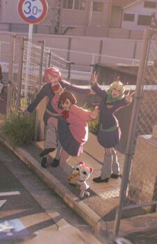 Rule 34 | 3girls, antennae, ayase momo, blonde hair, blue jacket, blue skirt, bow, bowtie, breasts, brown hair, cat, chain-link fence, closed eyes, collared shirt, crossed bangs, dandadan, derivative work, dewa-chan, double v, earrings, fence, food, full body, green bow, green bowtie, hair between eyes, highres, holding, holding food, hot dog, jacket, jewelry, loafers, loose socks, medium breasts, medium hair, multiple girls, open mouth, outstretched arm, photo background, pink hair, pink sweater, pleated skirt, red bow, red bowtie, school uniform, shiratori aira (dandadan), shirt, shirt under sweater, shoes, short hair, skirt, smile, socks, sweater, thumbs up, turbo granny (dandadan), v, vamola (dandadan), white shirt, white socks