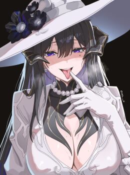 1girl absurdres black_background black_hair black_horns blush breasts breath cleavage colored_inner_hair commentary constance_(honkai:_star_rail) drooling finger_to_tongue flower gloves hair_between_eyes hat hat_flower highres honkai:_star_rail honkai_(series) horns huge_breasts long_hair looking_at_viewer mole mole_under_eye multicolored_hair nvl purple_eyes purple_hair smile solo sweat tongue tongue_out twitter_username upper_body white_gloves white_hat