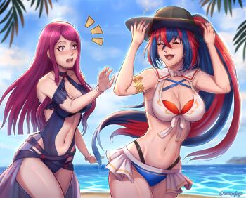 Rule 34 | 2girls, armpits, bare arms, beach, bikini, blue bikini, blue one-piece swimsuit, blush, breasts, cleavage, clothes theft, crossed bangs, evomanaphy, female alear (fire emblem), female alear (seaside dragon) (fire emblem), fire emblem, fire emblem engage, fire emblem heroes, hat, hat theft, highres, ivy (fire emblem), ivy (summer) (fire emblem), large breasts, long hair, multicolored hair, multiple girls, navel, nintendo, ocean, official alternate costume, official alternate hairstyle, one-piece swimsuit, outdoors, ponytail, red bikini, red hair, split-color hair, stomach, sun hat, swimsuit, theft, thighs, two-tone hair, very long hair, white bikini, wide-eyed, wide hips
