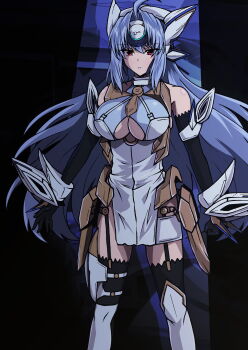Rule 34 | 1girl, absurdres, ahoge, android, aoi tabane, bare shoulders, black gloves, blue hair, breasts, clothing cutout, commentary request, commission, dress, elbow gloves, expressionless, forehead protector, garter straps, gloves, highres, kos-mos, kos-mos ver. 4, large breasts, long hair, looking at viewer, pixiv commission, red eyes, solo, standing, thighhighs, underboob, very long hair, xenosaga, xenosaga episode iii