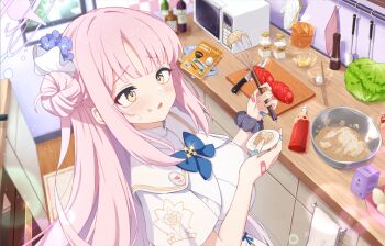 1girl =_= bandaid bandaid_on_hand black_scrunchie blonde_hair blue_archive blue_bow blue_bowtie blunt_bangs blush blush_stickers bow bowtie breasts cabbage commentary_request cooking dress dual_wielding dutch_angle eyelashes flower food food_on_face frown furrowed_brow glint hair_bun hair_flower hair_ornament halo hands_up highres holding holding_plate holding_whisk holy-san_(makuu) indoors kitchen large_breasts lens_flare long_hair looking_at_viewer microwave mika_(blue_archive) open_mouth pink_hair pink_halo plate school_uniform scrunchie sidelocks single_side_bun smile solo split_mouth sweatdrop thumbs_up upper_body very_long_hair whisk white_dress wrist_scrunchie yellow_eyes