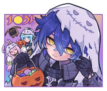 1boy 2girls ^_^ aino_(genshin_impact) b_bmvp black_gloves blue_eyes blue_hair blunt_bangs border candy closed_eyes closed_mouth collared_capelet collared_shirt commentary_request crossed_bangs dated dot_nose flins_(genshin_impact) food genshin_impact ghost_costume gloves halloween halloween_bucket halloween_costume high_collar holding ineffa_(genshin_impact) long_sleeves looking_at_viewer male_focus multiple_girls open_mouth pink_hair sanpaku shirt smile upper_body watermark white_border wing_collar yellow_eyes