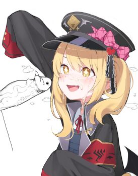 1boy 1girl absurdres armband black_coat black_hat black_wings blonde_hair blue_archive coat cum cum_on_body facial fang hat highres ibuki_(blue_archive) loli long_hair mirumiruchan open_mouth penis red_armband shirt simple_background sleeves_past_fingers sleeves_past_wrists smile solo_focus sparkling_eyes standing tongue white_background white_shirt wings yellow_eyes