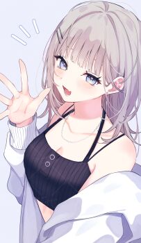 1girl absurdres bare_shoulders blue_eyes chain chain_necklace collarbone commentary crop_top ear_piercing grey_hair hand_up highres jacket jewelry looking_at_viewer medium_hair necklace nekotora_(nekotora0116) off_shoulder open_clothes open_jacket open_mouth original piercing smile solo spaghetti_strap symbol-only_commentary upper_body white_jacket