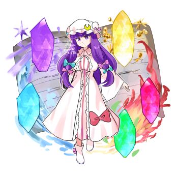 1girl absurdres blue_bow boots bow breasts commentary_request crescent crescent_hat_ornament crystal dress full_body hair_bow hat hat_ornament highres large_breasts long_hair long_sleeves looking_at_viewer magic marione multiple_hair_bows patchouli_knowledge pink_bow purple_eyes purple_hair solo striped_clothes striped_dress touhou vertical-striped_clothes vertical-striped_dress very_long_hair white_boots white_dress white_hat wide_sleeves