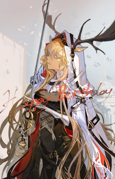 absurdres animal_ears antlers arknights belt black_belt black_dress blonde_hair blue_eyes breasts cloak collared_dress commentary cowboy_shot dress english_commentary from_side gloves hair_between_eyes hand_up happy_birthday highres holding holding_sword holding_weapon hood hooded_cloak horns kasumi_yuzuha large_breasts long_hair long_sidelocks long_sleeves looking_at_viewer mixed-language_commentary moose_antlers moose_ears moose_girl parted_lips partially_fingerless_gloves profile rapier sidelocks sideways_glance standing sword tassel two-sided_cloak two-sided_fabric vambraces very_long_hair very_long_sidelocks viviana_(arknights) weapon white_cloak