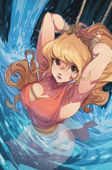 1girl armpits blonde_hair bound bound_wrists breasts brown_eyes capcom captured cleavage defeat edwin_huang female_focus final_fight final_fight_2 fishnet_top fishnets from_above game_over genryuusai_maki highres large_breasts long_hair looking_at_viewer open_mouth partially_submerged pelvic_curtain peril ponytail rope scene_reference solo water wet
