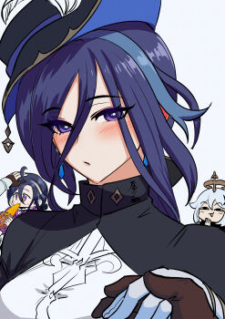 1boy 4girls absurdres aepuru_arts aether_(genshin_impact) black_hat black_shirt clorinde_(genshin_impact) dual_persona genshin_impact grey_background hat hat_feather highres holding_hands looking_at_viewer lumine_(genshin_impact) multiple_girls paimon_(genshin_impact) pov purple_eyes purple_hair shirt short_hair simple_background two-tone_shirt white_shirt