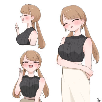 1girl absurdres arm_behind_back artist_name blush boku_no_kokoro_no_yabai_yatsu breasts brown_hair closed_eyes earrings hand_up highres jewelry long_hair long_skirt medium_breasts midriff multiple_views nyanmyan-chan paso pink_nails shirt simple_background skirt sleeveless sleeveless_shirt smile solo twintails white_background