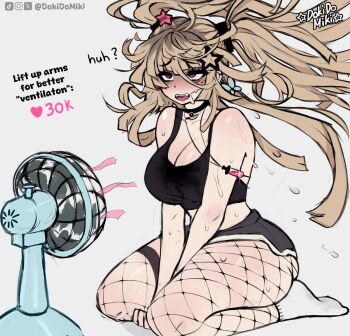 1girl artist_name bare_arms bite_mark bite_mark_on_arm black_choker black_shorts black_tank_top blonde_hair blush body_freckles breasts butterfly_earrings choker cleavage commentary crop_top dokidomiki dolphin_shorts earrings electric_fan english_commentary fangs fanning fanning_self fishnet_thighhighs fishnets floating_hair freckles gauze gauze_on_cheek gauze_on_face hair_between_eyes hair_ornament instagram_logo jewelry large_breasts long_hair miki_(dokidomiki) mole mole_under_eye necklace open_mouth original pink_eyes raised_inner_eyebrows sanpaku short_shorts shorts shoulder_freckles simple_background sitting socks solo star_(symbol) star_hair_ornament sweat syringe_necklace tank_top thigh_freckles thighhighs tiktok_logo twitter_strip_game twitter_username twitter_x_logo uneven_bangs very_sweaty wariza white_background white_socks