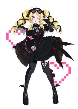 Rule 34 | 1girl, ahoge, alternate eye color, black dress, black thighhighs, blonde hair, commentary, dress, dress flower, drill hair, eyewear on head, fangs, flower, frilled dress, frills, full body, gothic lolita, hachimiya meguru, hand up, hazaki yoshino, heart, heart-shaped eyewear, highres, idolmaster, idolmaster shiny colors, lolita fashion, looking at viewer, one eye closed, open mouth, platform shoes, red eyes, red flower, red rose, rose, simple background, solo, standing, sunglasses, thighhighs, triangle mouth, twin drills, v, vampire costume, white background