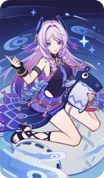 1girl bad_source black_sandals blue_eyes bracelet braid citlali_(genshin_impact) facial_mark genshin_impact hand_up high_heels holding index_finger_raised jewelry leotard long_hair looking_at_viewer multicolored_hair official_art parted_lips pink_hair pink_pupils purple_nails purple_sarong sandals sarong sitting solo triangle triangle_facial_mark twin_braids wariza