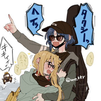 2girls alternate_costume black_hat black_mask blonde_hair blue_hair blush bocchi_the_rock! drooling drunk ear_blush glasses green_sweater grey_sweater hat heart ijichi_nijika instrument_case instrument_on_back mask mouth_mask multiple_girls rectangular_mouth ree_(re-19) saliva short_hair side_ponytail simple_background sunglasses sweater taxi translation_request white_background yamada_ryo yellow_bag yuri