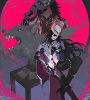 Rule 34 | 1boy, absurdres, ashveil (honkai: star rail), black hair, black pants, black shirt, crescent, crescent pin, fedora, gloves, gradient hair, hat, hat ornament, highres, honkai: star rail, honkai (series), jacket, jewelry, kyuzitu 124, lapel pin, long hair, male focus, multicolored hair, multiple views, necklace, pants, purple eyes, shirt, single glove, sitting, tooth necklace, turtleneck, white gloves, white hair, white hat, white jacket