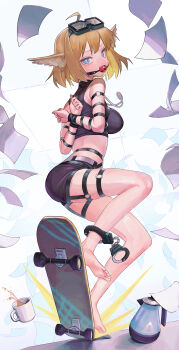 1girl absurdres aciddrop_(arknights) ahoge ankle_cuffs arknights arms_behind_back barefoot bdsm blonde_hair blue_eyes bondage bound bound_arms coffee_mug coffee_pot cup gag gagged goggles goggles_on_head highres large_variant_set looking_at_viewer midriff mug saaal653 second-party_source skateboard solo variant_set wiffle_gag