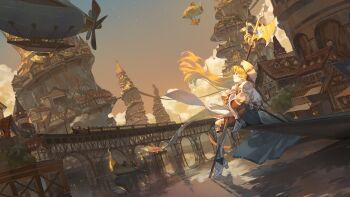 1girl 2boys absurdres aircraft black_pants blonde_hair blue_eyes boots brown_sky canoe cloud commentary commission dirigible dress ema3 english_commentary fantasy goblin_slayer! hat highres holding holding_pickaxe house long_hair multiple_boys pants pickaxe priestess priestess_(goblin_slayer!) railroad_tracks scenery second-party_source sitting skeb_commission solo_focus train very_long_hair water white_boots white_dress white_hat