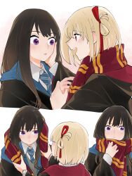 Rule 34 | 2girls, black hair, black robe, blonde hair, blue necktie, blush, closed mouth, commentary request, hair ribbon, hand on another&#039;s face, harry potter (series), highres, inoue takina, long hair, lycoris recoil, medium hair, multiple girls, necktie, nishikigi chisato, one side up, open mouth, parted lips, purple eyes, red eyes, red ribbon, red scarf, ribbon, robe, scarf, shiratama draw, simple background, smile, white background, wizarding world, yuri