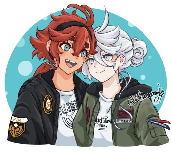 Rule 34 | 2girls, absurdres, alternate costume, artist name, black jacket, blurry, blush, commentary request, dark-skinned female, dark skin, dated, green eyes, green jacket, grey eyes, gundam, gundam suisei no majo, hairband, happy, highres, interracial, jacket, long hair, looking at another, miorine rembran, multiple girls, open mouth, otsunami, pale skin, red eyes, shirt, smile, suletta mercury, teeth, thank you, upper body, upper teeth only, white hair, white shirt, yuri