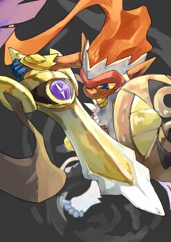 aegislash asymmetrical_dual_wielding blue_eyes colored_sclera dual_wielding fiery_hair fire full_body gen_4_pokemon gen_6_pokemon highres holding holding_shield holding_sword holding_weapon infernape monkey nintendo pokemon pokemon_(creature) sake_maguro shield sword weapon yellow_sclera