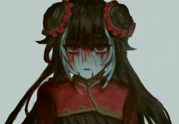 1girl black_hair blood blood_from_forehead bun_cover chinese_clothes commentary_request double_bun grey_background hair_bun highres jia_xichun_(project_moon) limbus_company long_hair looking_at_viewer open_mouth papadayo1919 project_moon red_eyes simple_background solo straight-on upper_body