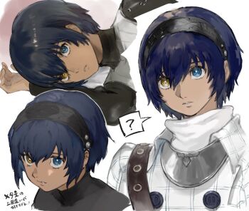 Rule 34 | 1boy, ?, arm up, belt, black belt, black shirt, blue hair, chest belt, coat, collared coat, dark-skinned male, dark blue hair, dark skin, hair behind ear, hair between eyes, hairband, heterochromia, long sleeves, lying, male focus, metal hairband, metaphor: refantazio, multiple views, on side, parted lips, patterned clothing, protagonist (metaphor: refantazio), samerkgk, shirt, speech bubble, spoken question mark, turtleneck, vest, white background, white coat, white shirt, white vest, wing collar