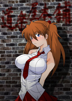 1girl alternate_breast_size_(larger) blue_eyes blush breasts female_focus hetano_yokoduki impossible_clothes impossible_shirt large_breasts long_hair necktie neon_genesis_evangelion red_hair shirt solo souryuu_asuka_langley