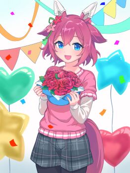 1girl :d absurdres animal_ears balloon black_pantyhose blue_eyes bucket checkered_clothes checkered_shorts commentary_request confetti cowboy_shot dot_nose flower green_ribbon grey_shorts hair_between_eyes hair_flower hair_ornament hair_ribbon heart_balloon highres holding holding_bucket horse_ears horse_girl horse_tail long_sleeves looking_at_viewer mochihuman open_mouth pantyhose pink_flower pink_rose pink_sweater pink_tail ribbon rose sakura_chiyono_o_(casual)_(umamusume) sakura_chiyono_o_(umamusume) short_hair shorts smile solo star_balloon sweater tail umamusume white_sleeves