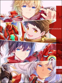 1girl 3boys black_hair blonde_hair blue_eyes brown_hair close-up copyright_name elma_(xenoblade_x) grey_hair highres long_hair male_focus monolith_soft multiple_boys noah_(xenoblade) rex_(xenoblade) short_hair shulk_(xenoblade) simple_background ui_frara white_background xeno_(series) xenoblade_chronicles_(series) xenoblade_chronicles_1 xenoblade_chronicles_2 xenoblade_chronicles_3 xenoblade_chronicles_x