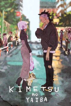 4girls 5boys after_rain agatsuma_zenitsu animal ankle_boots apologizing arm_at_side bag black_footwear black_hair black_pants black_shirt blonde_hair blunt_bangs blurry bob_cut boots breasts building cat chachamaru_(kimetsu_no_yaiba) contemporary copyright_name day depth_of_field flying_sweatdrops guard_rail hair_ornament hand_on_own_neck height_difference hetero high_heel_boots high_heels highres holding holding_bag kamado_nezuko kamado_tanjirou kimetsu_no_yaiba kochou_kanae long_hair long_skirt long_sleeves looking_at_another mohawk mouth_hold multiple_boys multiple_girls pants profile road scar scar_on_face scar_on_nose shinazugawa_genya shinazugawa_sanemi shirt shoes short_hair side_ponytail skirt spiked_hair standing standing_on_one_leg street takeuchi_ryousuke torn_clothes torn_pants tsuyuri_kanao turtleneck ubuyashiki_kanata ubuyashiki_kiriya white_hair white_shirt