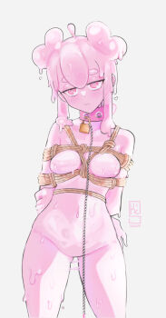 1girl arms_behind_back chain collar heart heart-shaped_pupils highres kicks0u lock monster_girl padlock padlocked_collar shibari slime_girl symbol-shaped_pupils