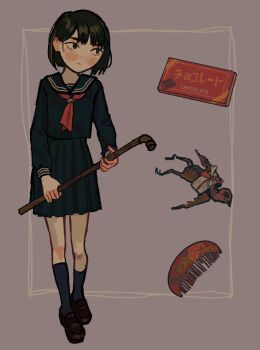 1girl :| bird black_eyes black_hair black_sailor_collar black_serafuku black_shirt black_skirt blush bob_cut border box box_of_chocolates broken brown_bird brown_shoes chocolate closed_mouth comb expressionless full_body grey_background grey_border highres holding holding_lead_pipe holding_weapon improvised_weapon io_(onisarashi) lead_pipe loafers loose_hair_strand neckerchief outside_border pleated_skirt red_neckerchief romaji_commentary rust sailor_collar school_uniform serafuku shimizu_hinako shirt shoes short_hair silent_hill_(series) silent_hill_f skirt solo walking weapon