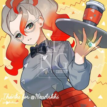 1girl apron black_bow black_bowtie blue_eyes blush bow bowtie breasts commentary commission cup disposable_coffee_cup disposable_cup glasses gradient_hair grey_shirt griselle_(pokemon) holding holding_tray large_breasts long_sleeves looking_at_viewer mega_stone multicolored_hair nintendo parted_lips pokemon pokemon_legends:_z-a ponytail red_hair shirt split_ponytail tray triangle two-tone_hair waist_apron white-framed_eyewear white_hair yasaikakiage