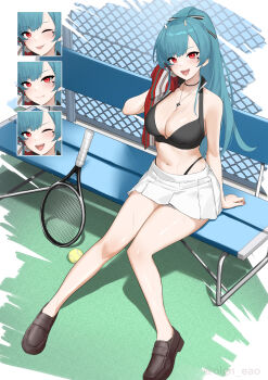 Rule 34 | 1girl, :d, azur lane, ball, black panties, black shoes, black sports bra, blue hair, blush, breasts, cleavage, commentary request, cross, cross necklace, expression chart, facial mark, highleg, highleg panties, highres, holding, holding towel, horns, jewelry, large breasts, long hair, marco polo (azur lane), midriff, necklace, on bench, one eye closed, open mouth, oregano (olgn eao), panties, pleated skirt, ponytail, racket, red eyes, shoes, sitting, skirt, smile, solo, sports bra, tennis ball, tennis racket, tongue, tongue out, towel, underwear, white skirt