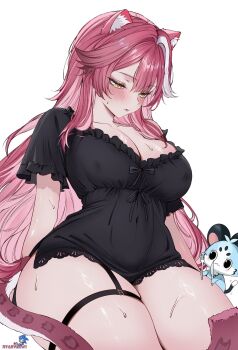 1girl animal_ears black_nightgown breasts chattino_(raora_panthera) cleavage commentary commentary_request covered_erect_nipples english_commentary fork highres holding holding_fork holding_knife hololive hololive_english knife large_breasts long_hair mixed-language_commentary nightgown nyanyaqwi paid_reward_available panther_ears panther_girl pink_hair raora_panthera simple_background sonic_(series) sonic_the_hedgehog sweat virtual_youtuber white_background white_streaks yellow_eyes