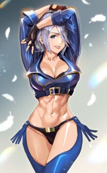 Rule 34 | 1girl, angel, angel (kof), arms up, artist name, black bra, black panties, blue eyes, blue jacket, bra, breasts, chaps, cleavage, collarbone, commentary request, crop top, cropped jacket, crotchless, crotchless pants, feathers, fingerless gloves, gloves, grey hair, hair over one eye, highres, jacket, large breasts, linea alba, midriff, navel, panties, pants, parted lips, revision, short hair, smile, solo, the king of fighters, the king of fighters xv, underwear, yukinoshin f